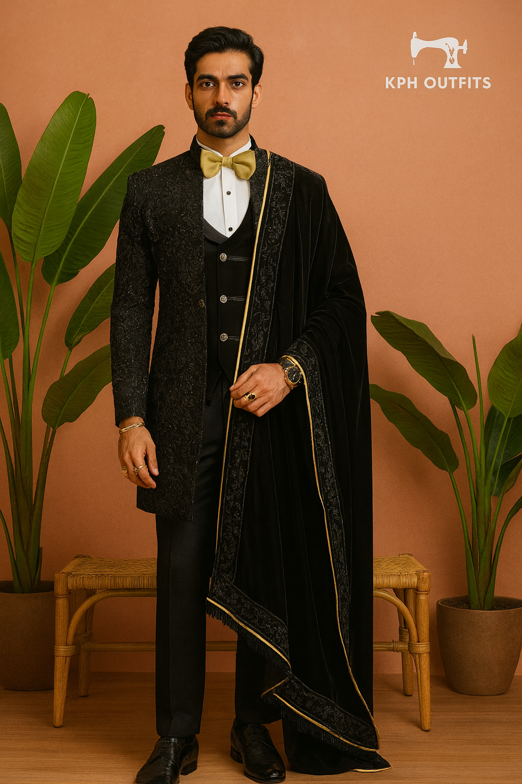 Men’s Black Handcrafted Western Long Jacket Tuxedo Suit - Designer Formal Wear by KPH Outfits