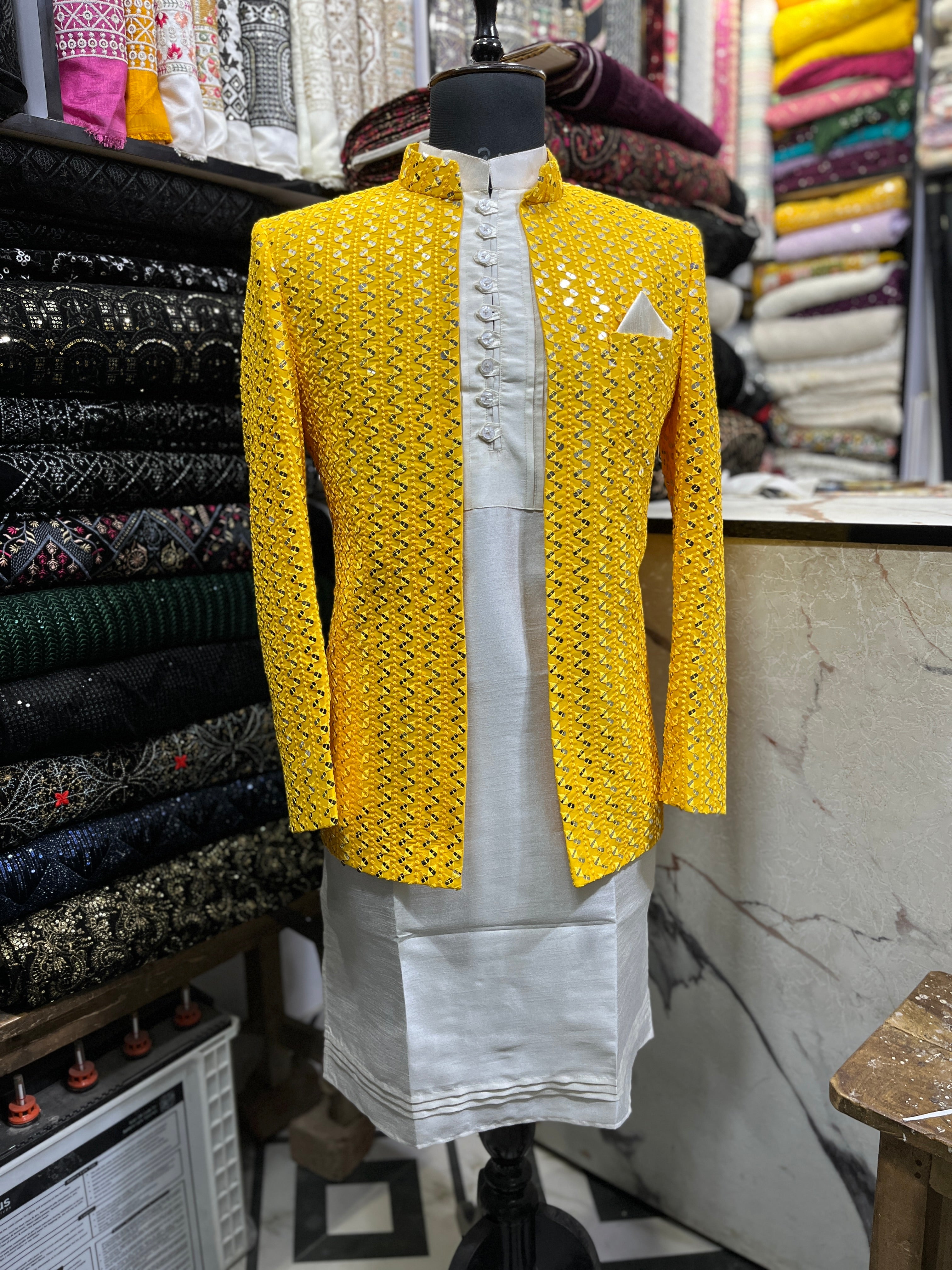 Men's Yellow Exclusive Mirror Jodhpuri Set