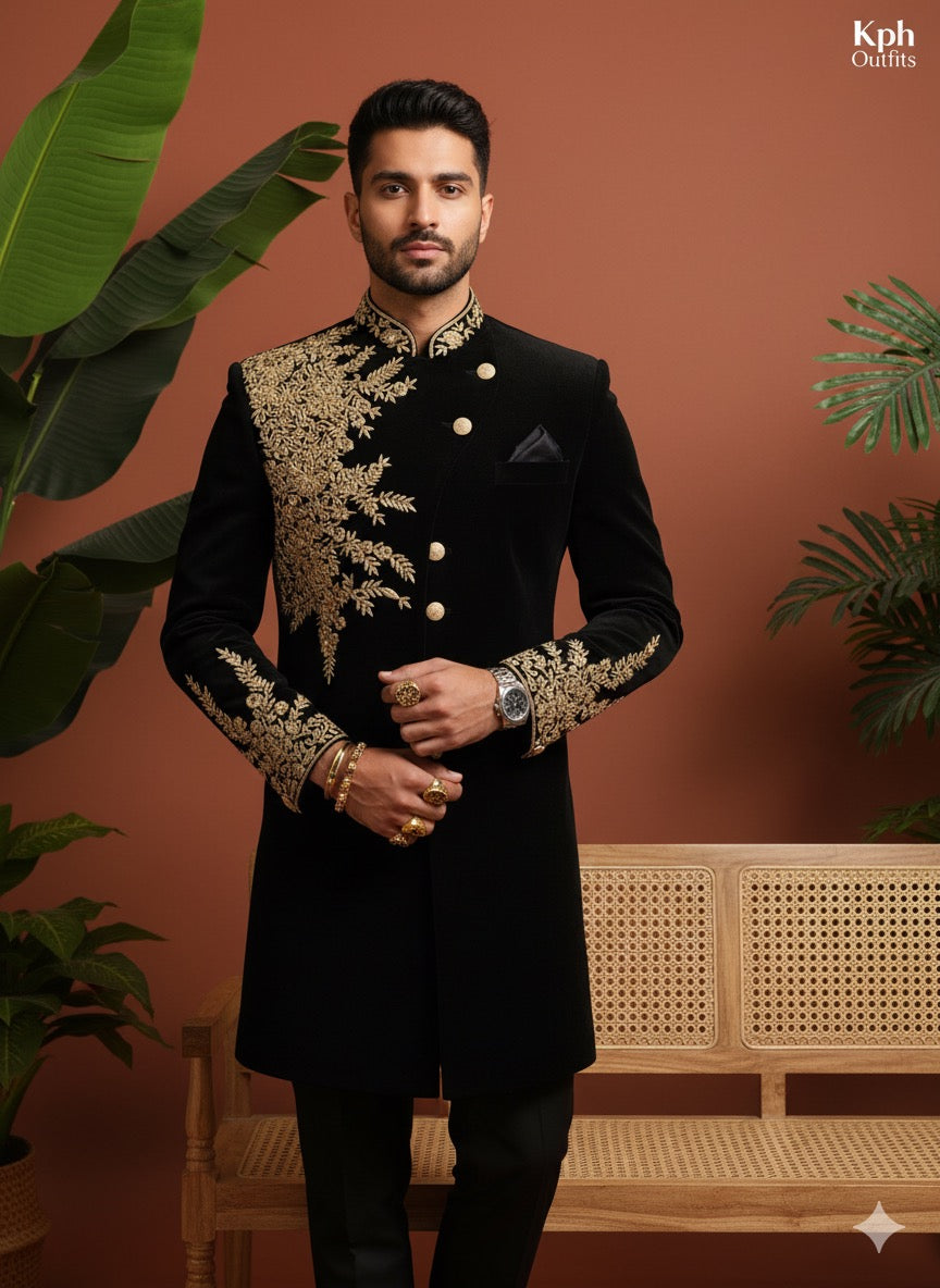 Black Sherwani with Golden Zardozi Embroidery - Kph Outfits
