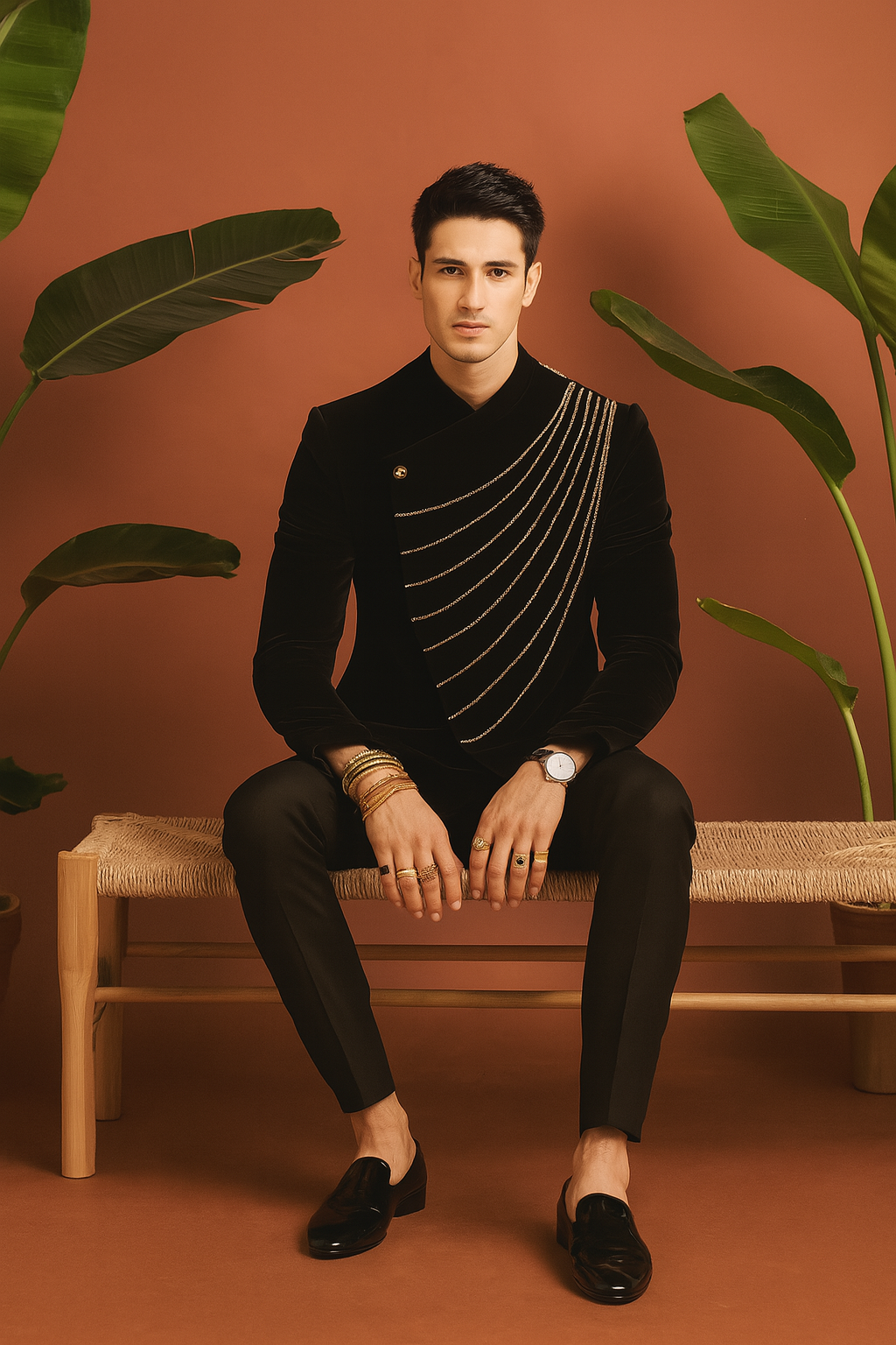 A photograph of a man in a stylish tuxedo, emphasizing the quality of the Japanese fabric and the unique design.

