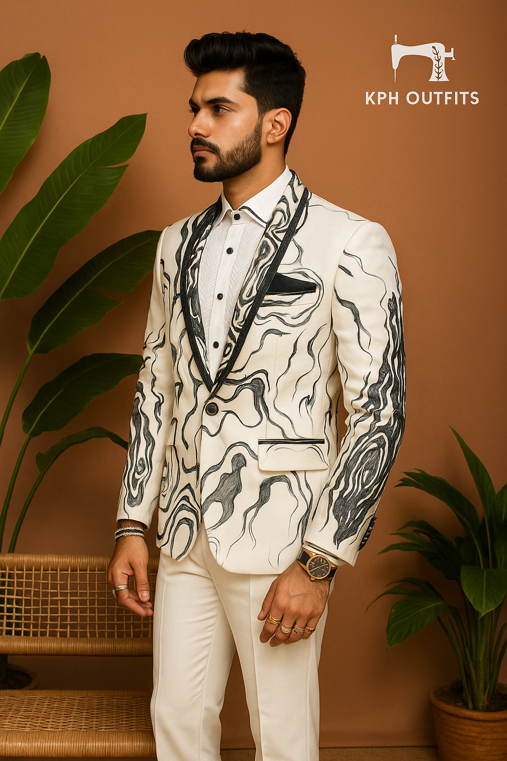 Celebrity-Inspired Designer Hand-Painted Tuxedo Suit with Intricate Detailing – Exclusive Wear by KPH Outfits