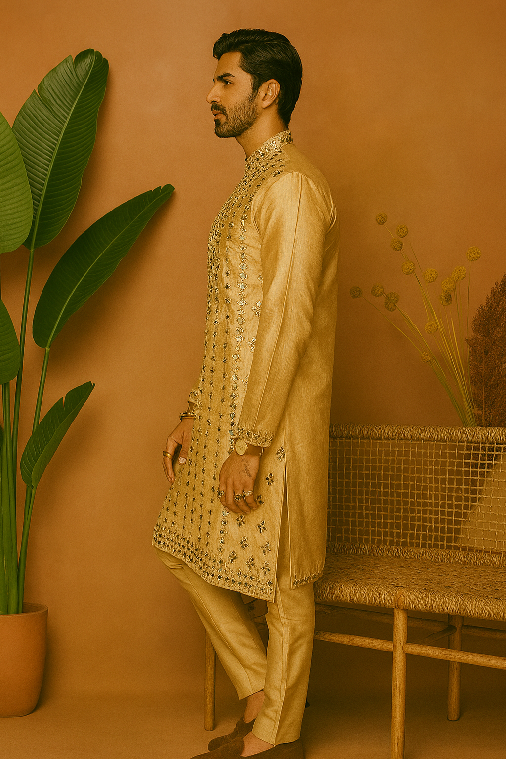 A photograph of a man in a stylish kurta, highlighting the quality of the pure silk fabric and the unique design.

