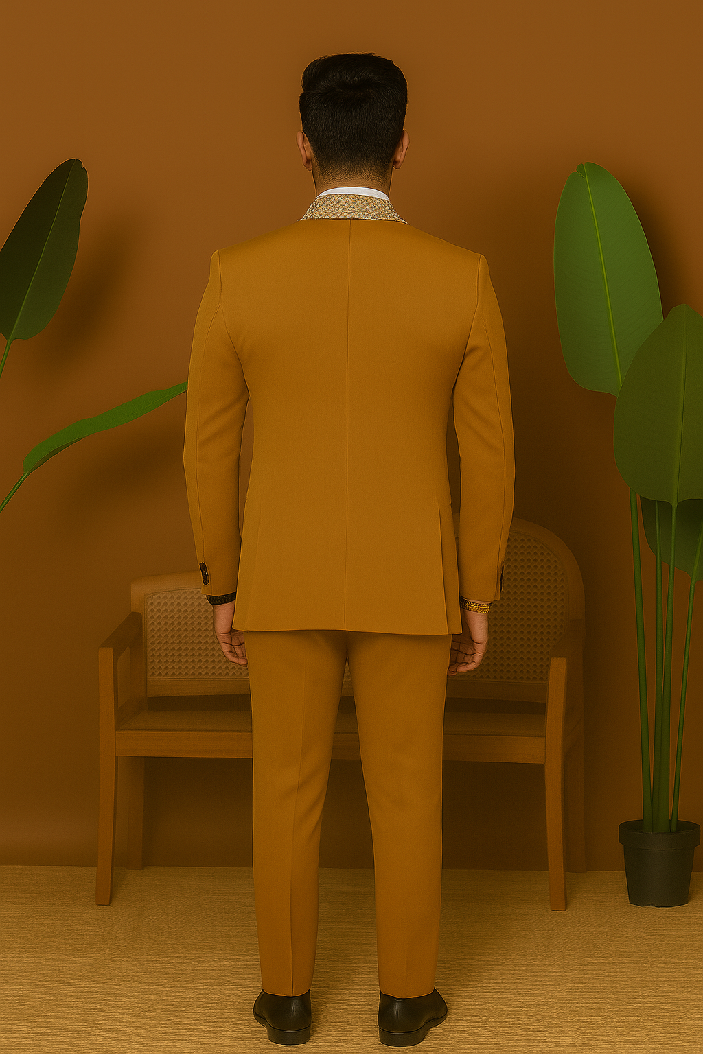 A front view of a man in a mustard-colored tuxedo suit with sparkling crystal embellishments on the blazer.

