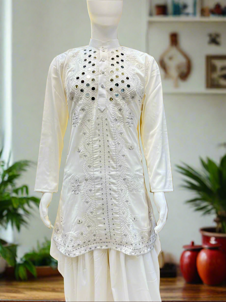 "Men’s white mirror embroidered kurta set by KPH Outfits"
