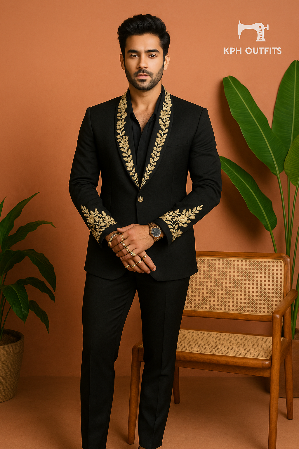 Men's Black Handcrafted Zardozi Work Shawl Lapel Tuxedo Suit by KPH Outfits