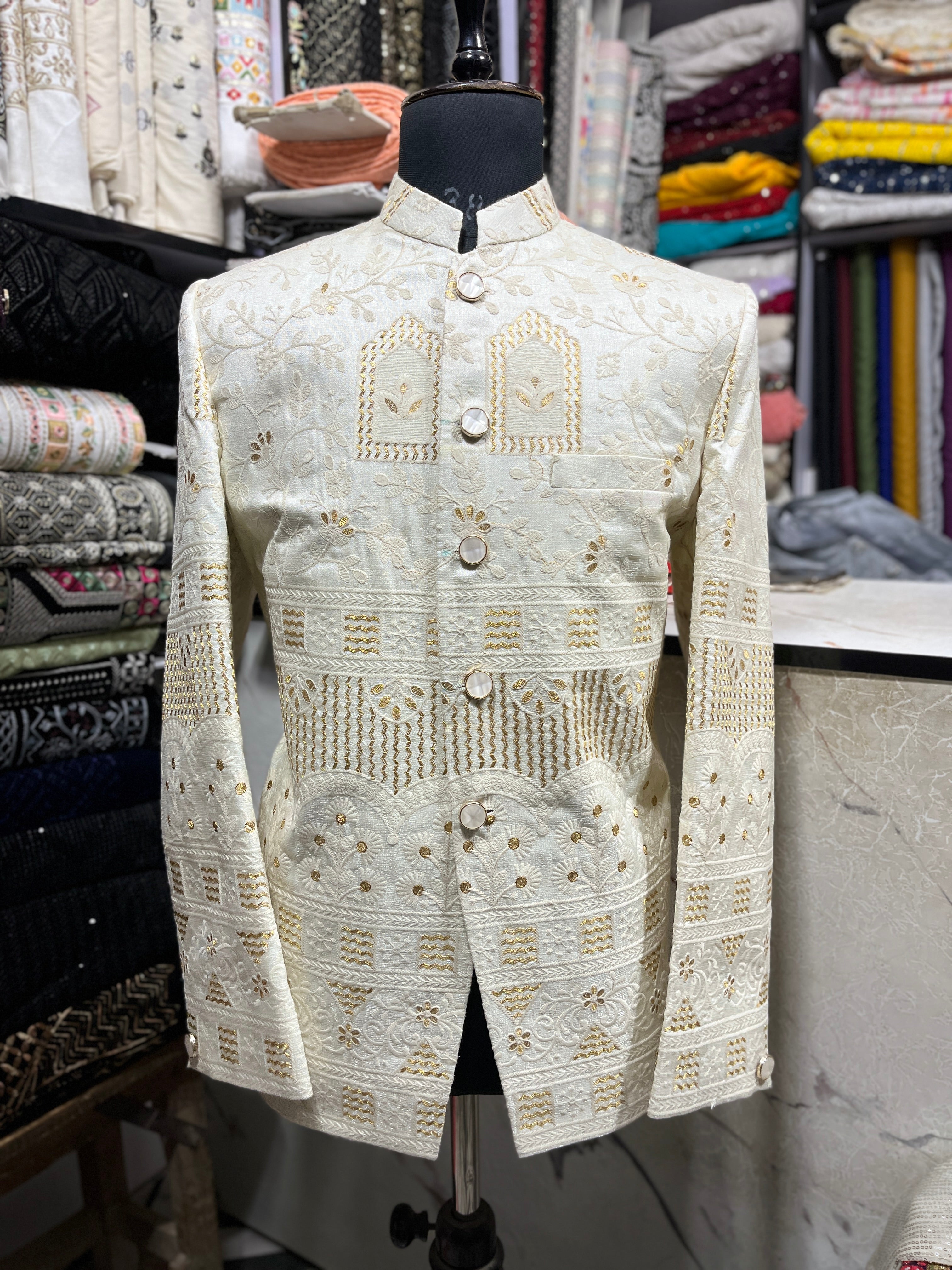 Men's Off White Self Embroidery Silk Jodhpuri Set