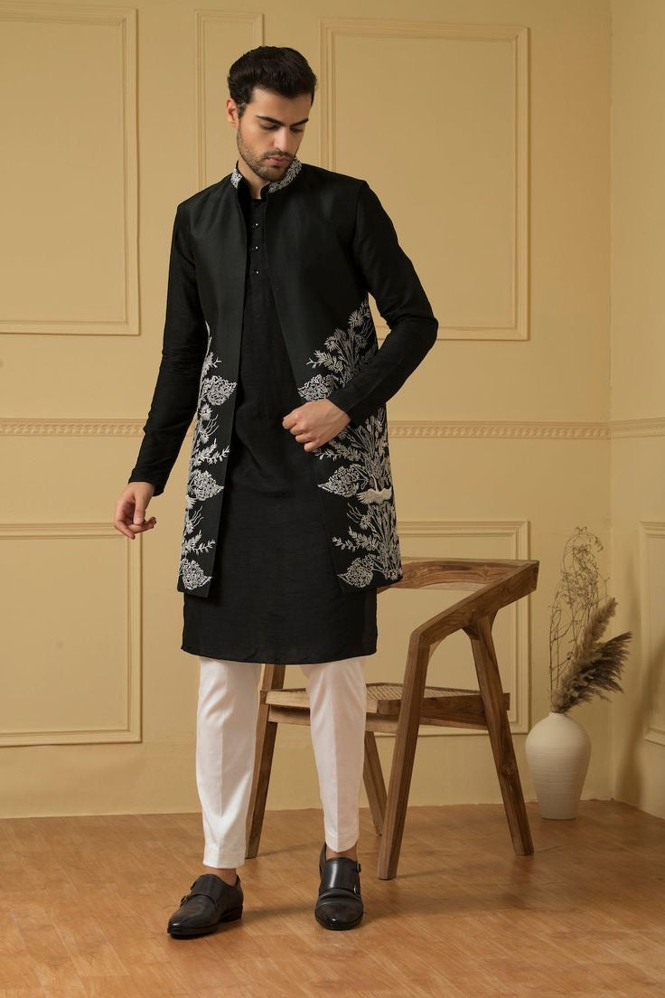 Men's Black Thread Embroidery long Jacket Set