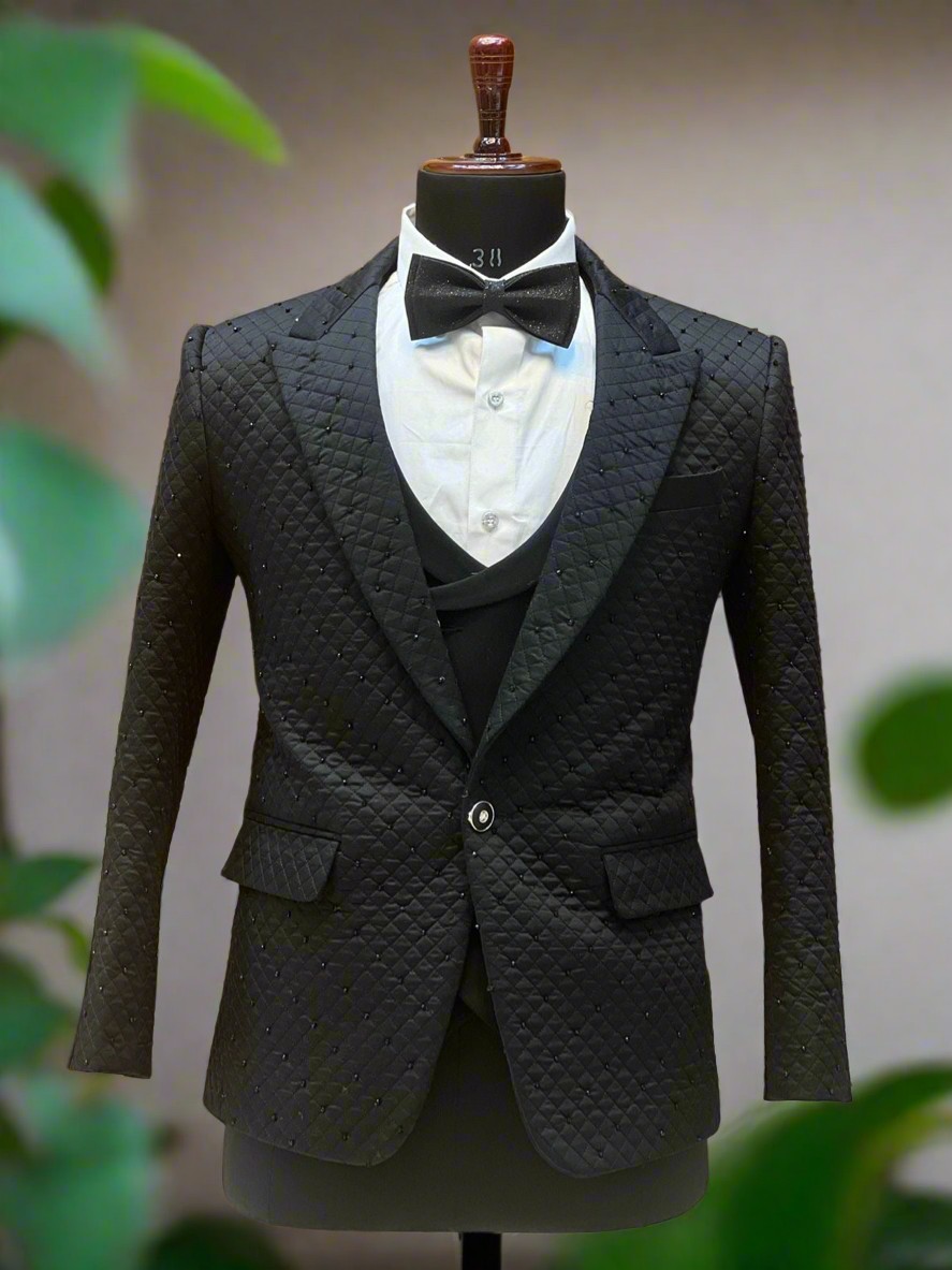 Luxury black formal tuxedo with unique hand-detailed designs