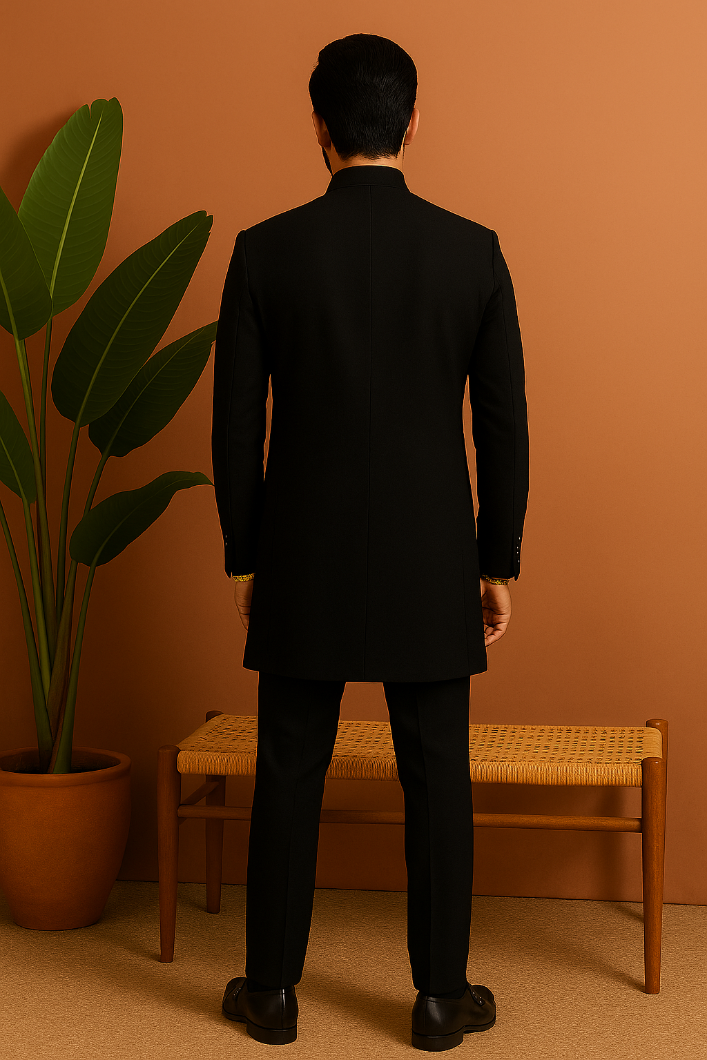 A photograph of a man in a stylish Indo-western set, highlighting the quality of the fabric and the unique design.

