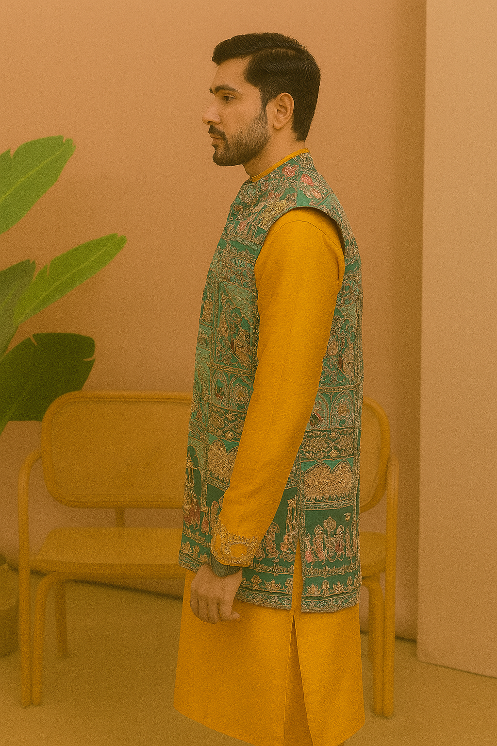 A full-body view of the man in the Haldi outfit, showcasing the complete look from a different angle.