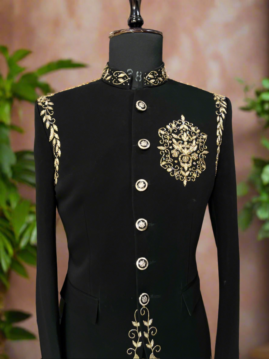 Premium Japanese fabric Men's black bandhgala suit
