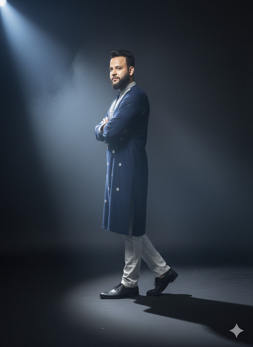 Handcrafted navy blue kurta with elegant white thread detailing