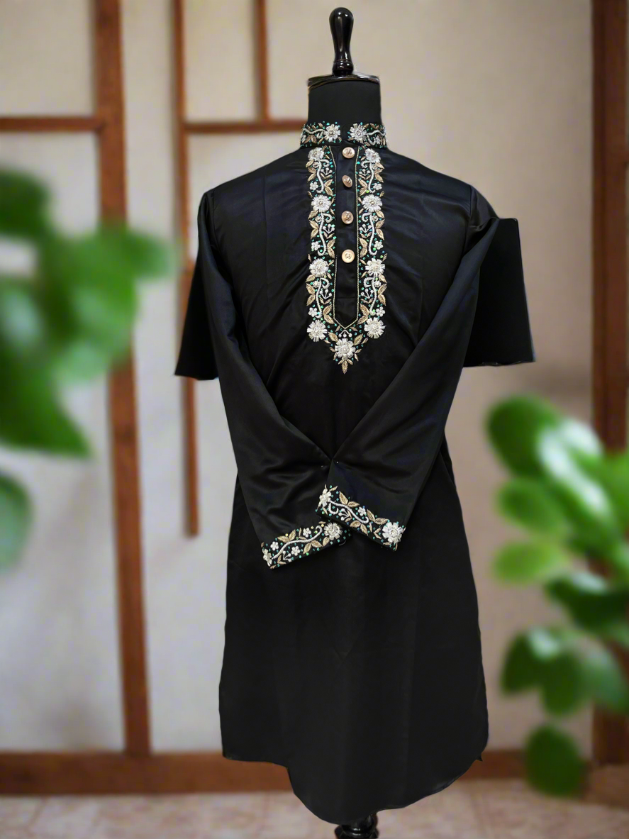Designer black kurta for festive and wedding occasions.