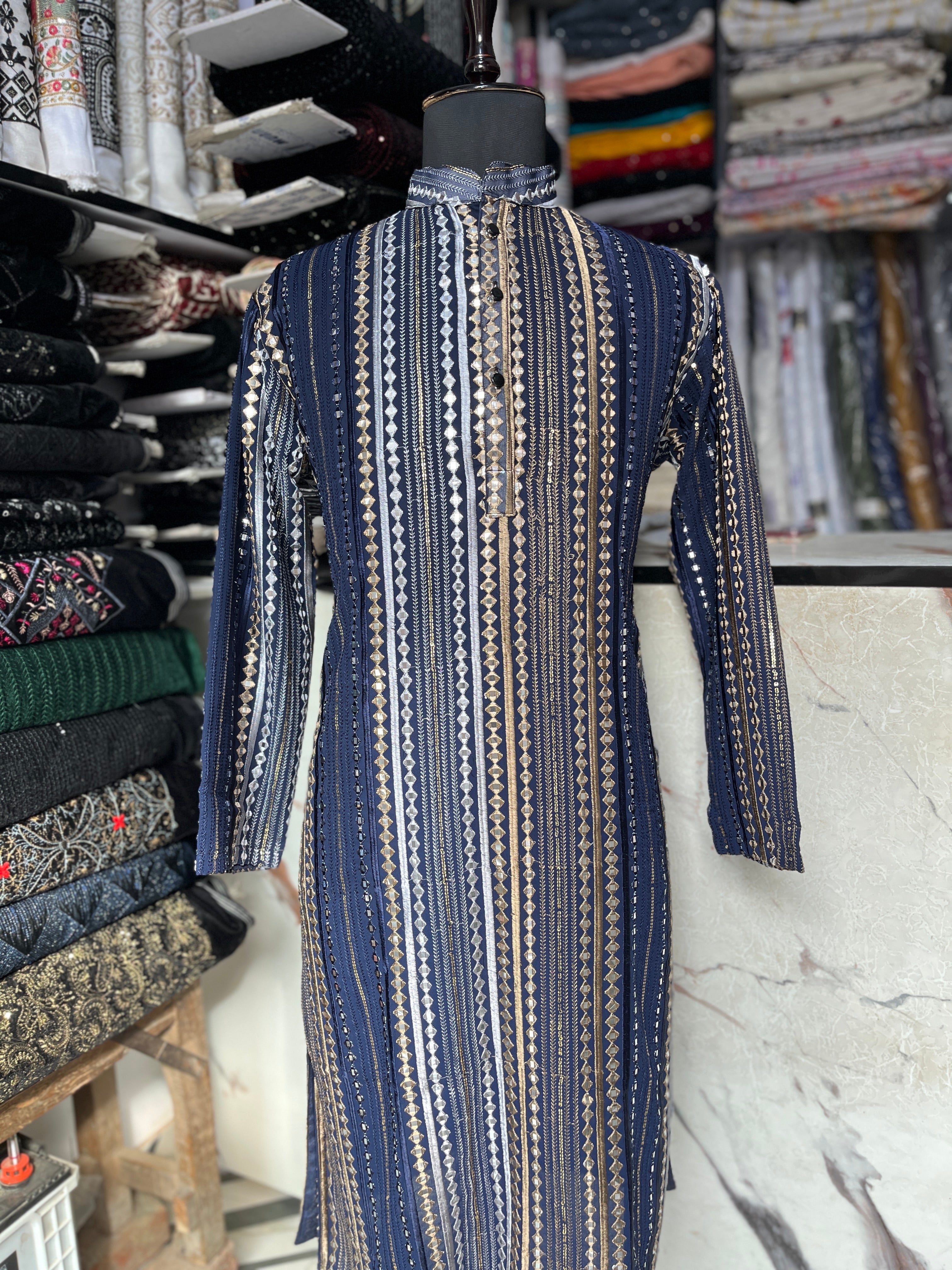 Mens Navy Blue Mirror Strips Design Kurta Set