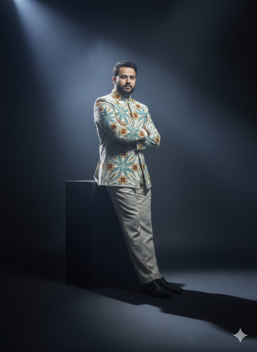 Unique Bandhgala jacket featuring amber gemstones and detailed thread work