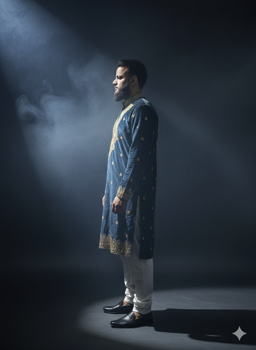 Turkish Blue Velvet Kurta with Gold Thread Embroidery - Kph Outfits