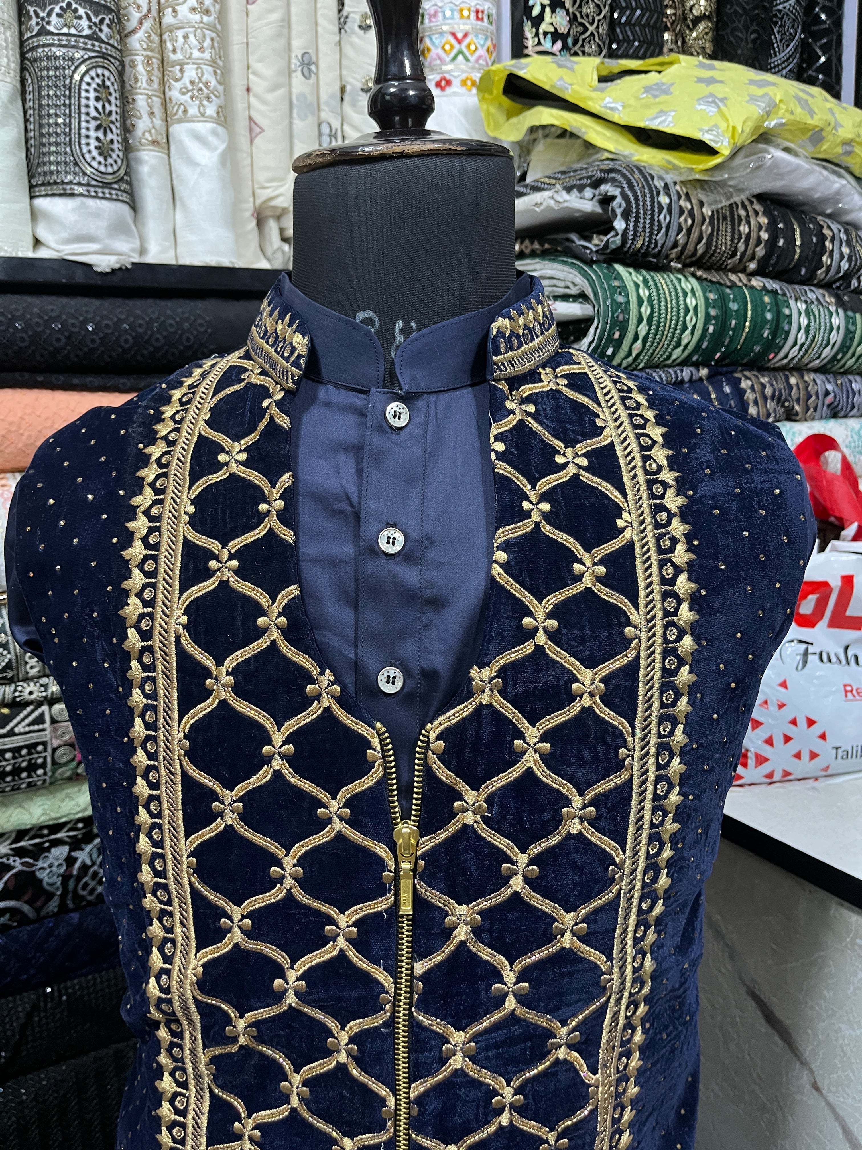 Men's Navy Blue Karan Aujla Handcrafted Zardozi Nehru Jacket Set