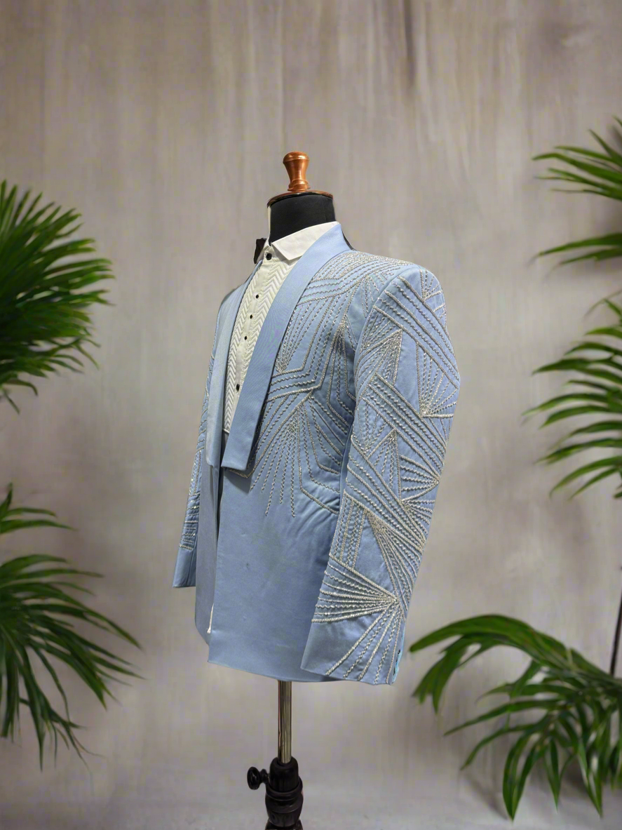 Groom Special Sky Blue White Crystal Handcrafted Tuxedo Suit By Kphoutfits