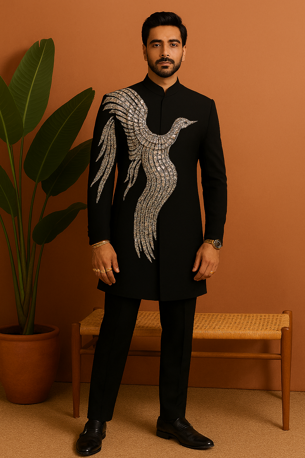 A photograph of a man in a stylish Indo-western set, highlighting the quality of the fabric and the unique design.

