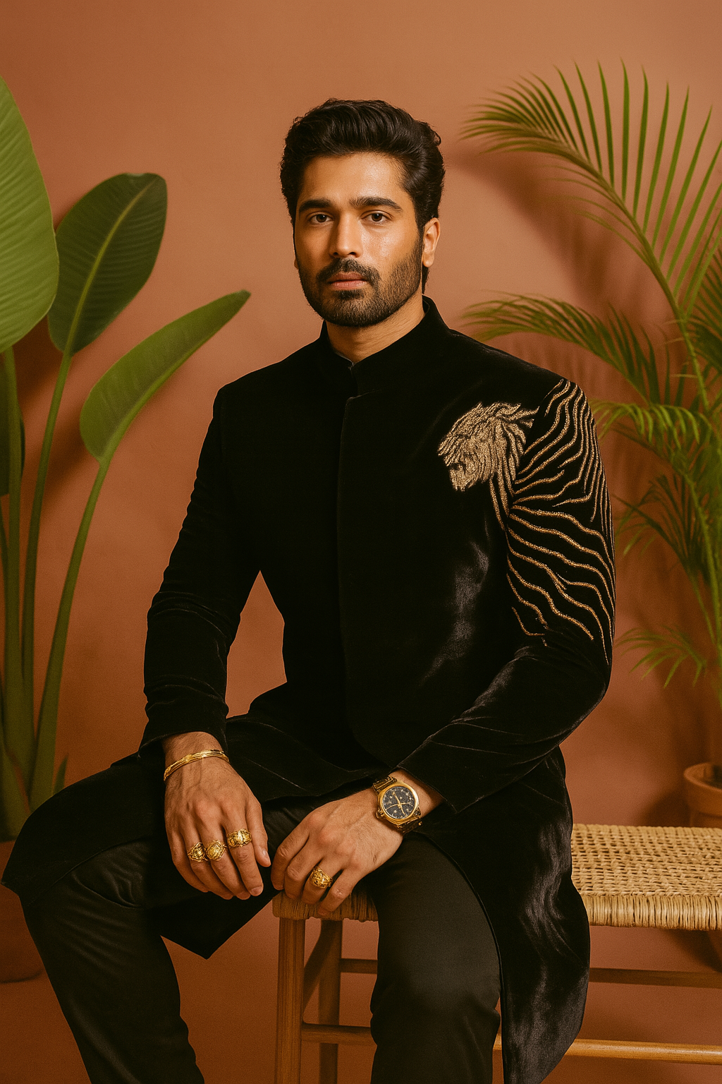 Groom indo-western outfit in black velvet with luxurious gold embroidery – KPH Outfits