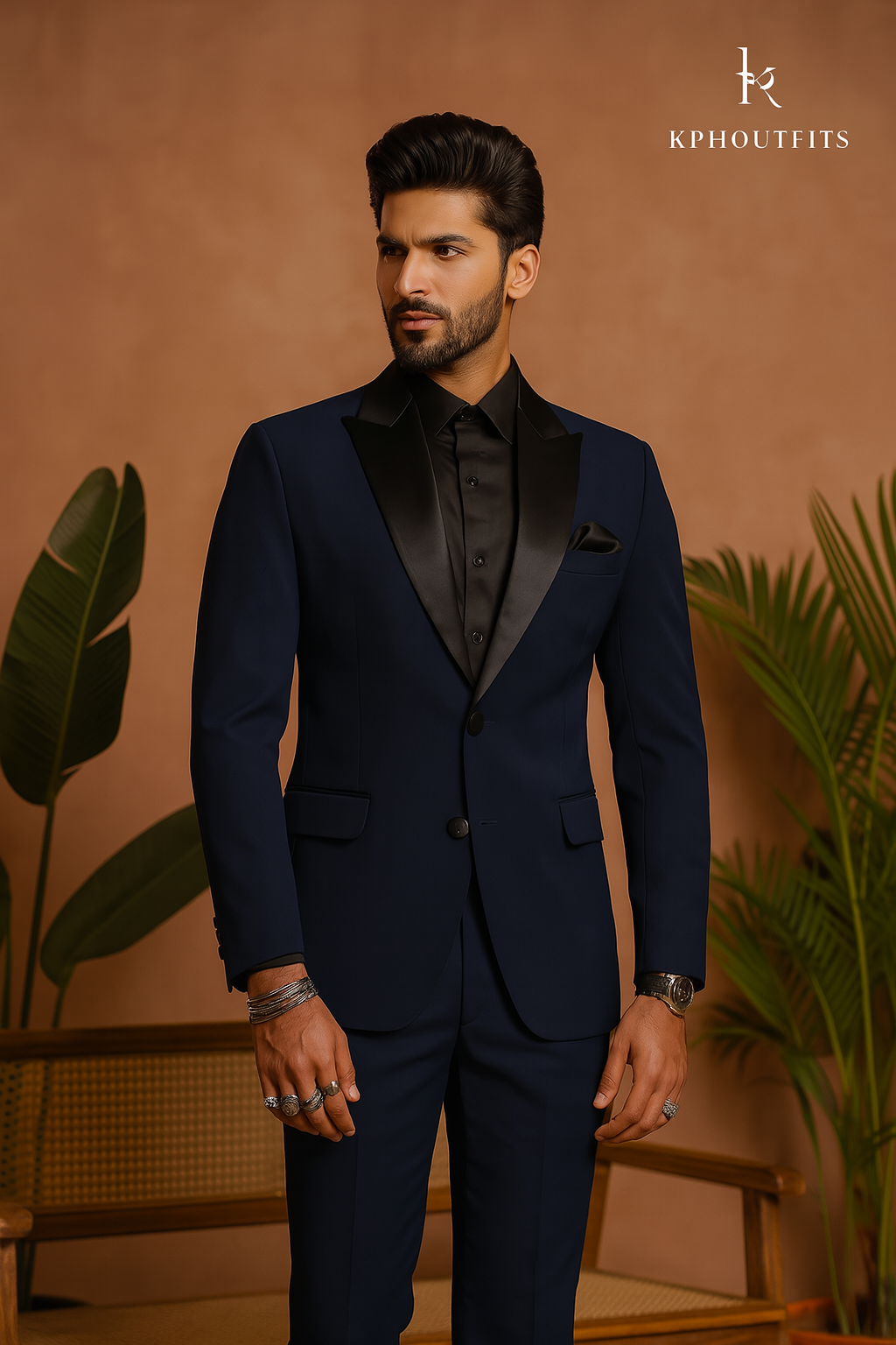 A photograph of a man in a stylish tuxedo, emphasizing the quality of the Japanese fabric and the classic design.

