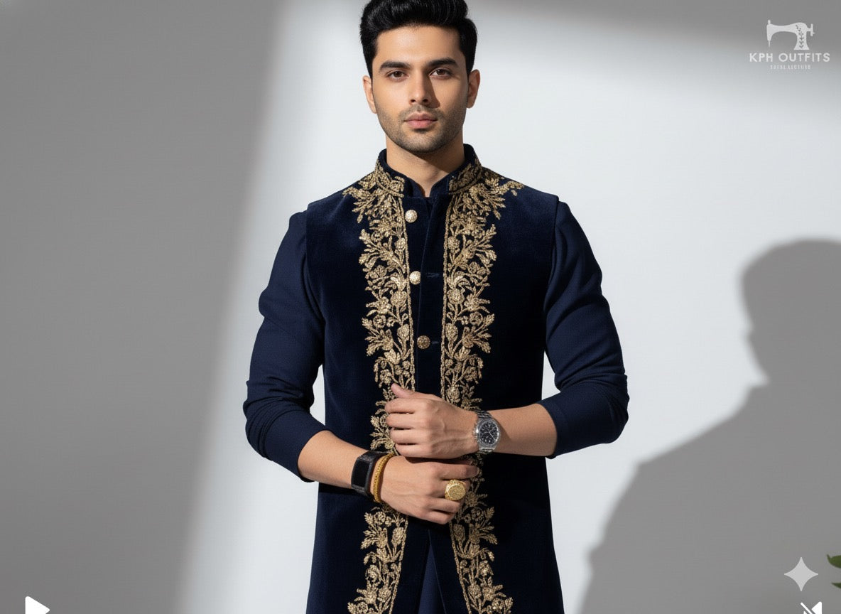 Designer navy blue Nehru jacket with ornate gold embroidery by KPH Outfits
