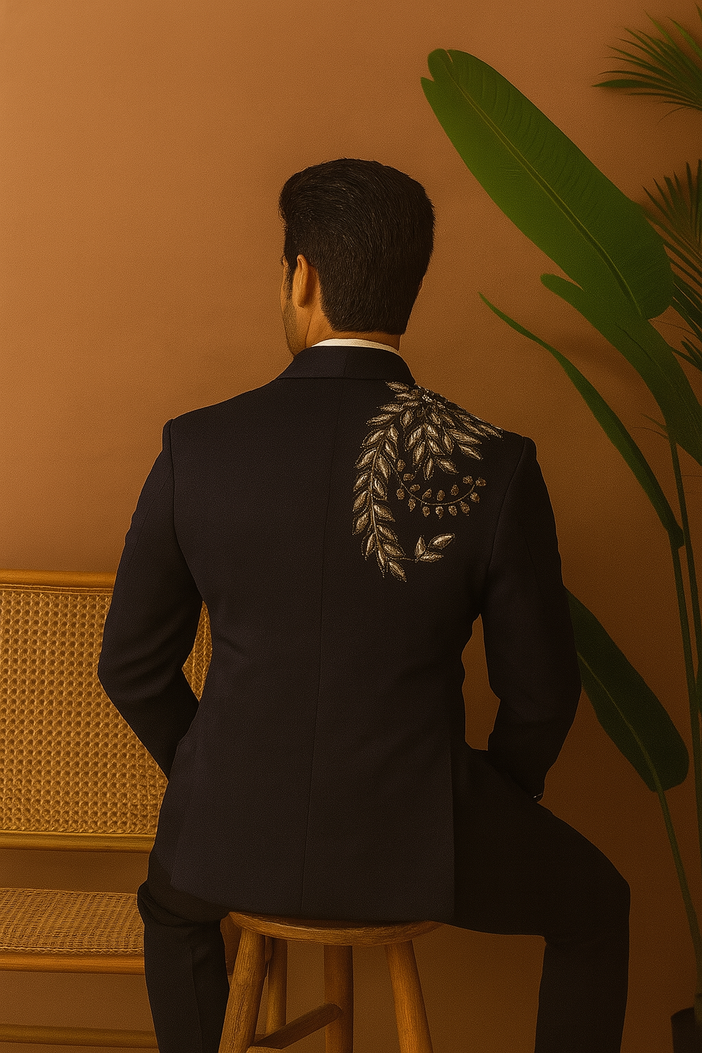 “Side view of Men’s Exclusive Embellished Tuxedo Suit premium Japanese fabric”