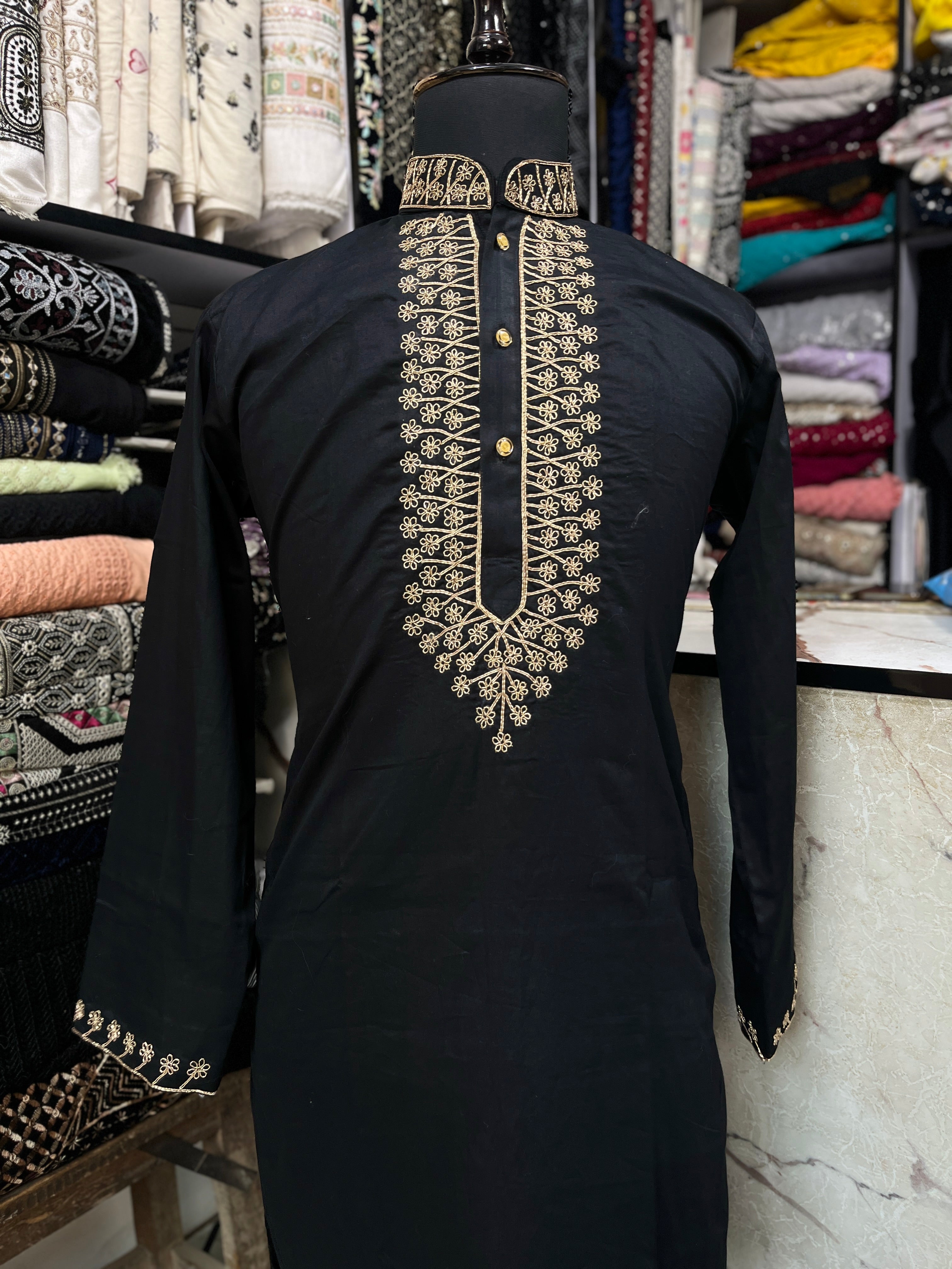 Men's Black Handcrafted Neck Design Kurta Set