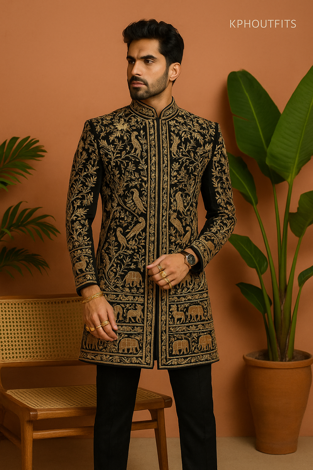 Ranveer Singh Inspired Stylish Golden Work Sherwani Set – Black Wool 2-Piece Ensemble – KPH Outfits