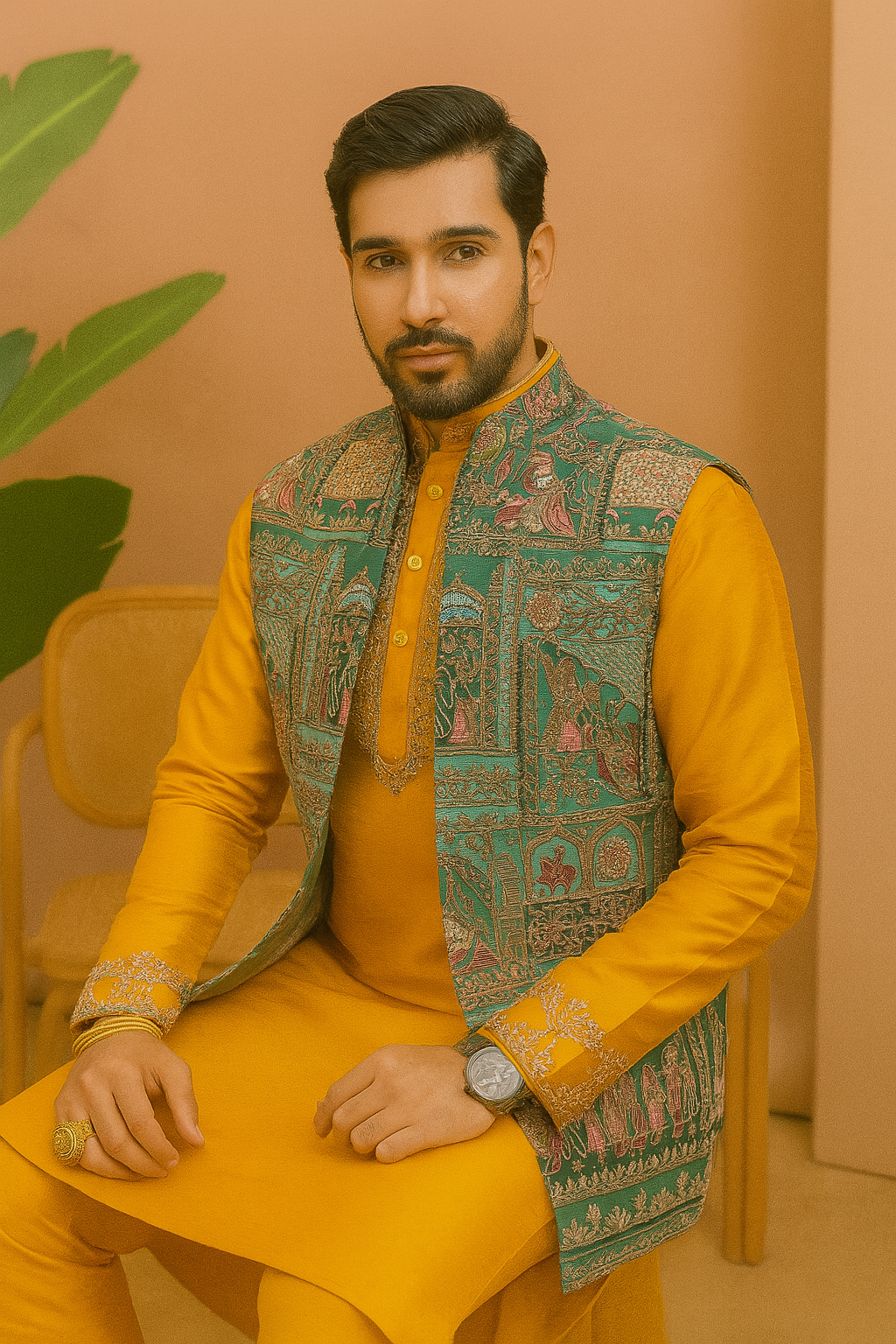 A man wearing a Haldi special kurta set with a vibrant yellow kurta and a multi-colored open koti featuring a traditional design.