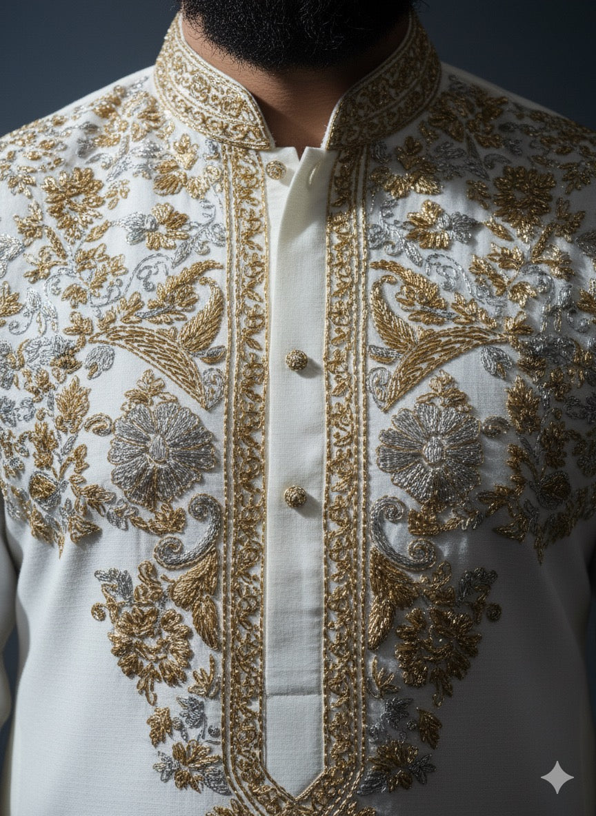 Designer ethnic kurta pajama set in white with golden thread work