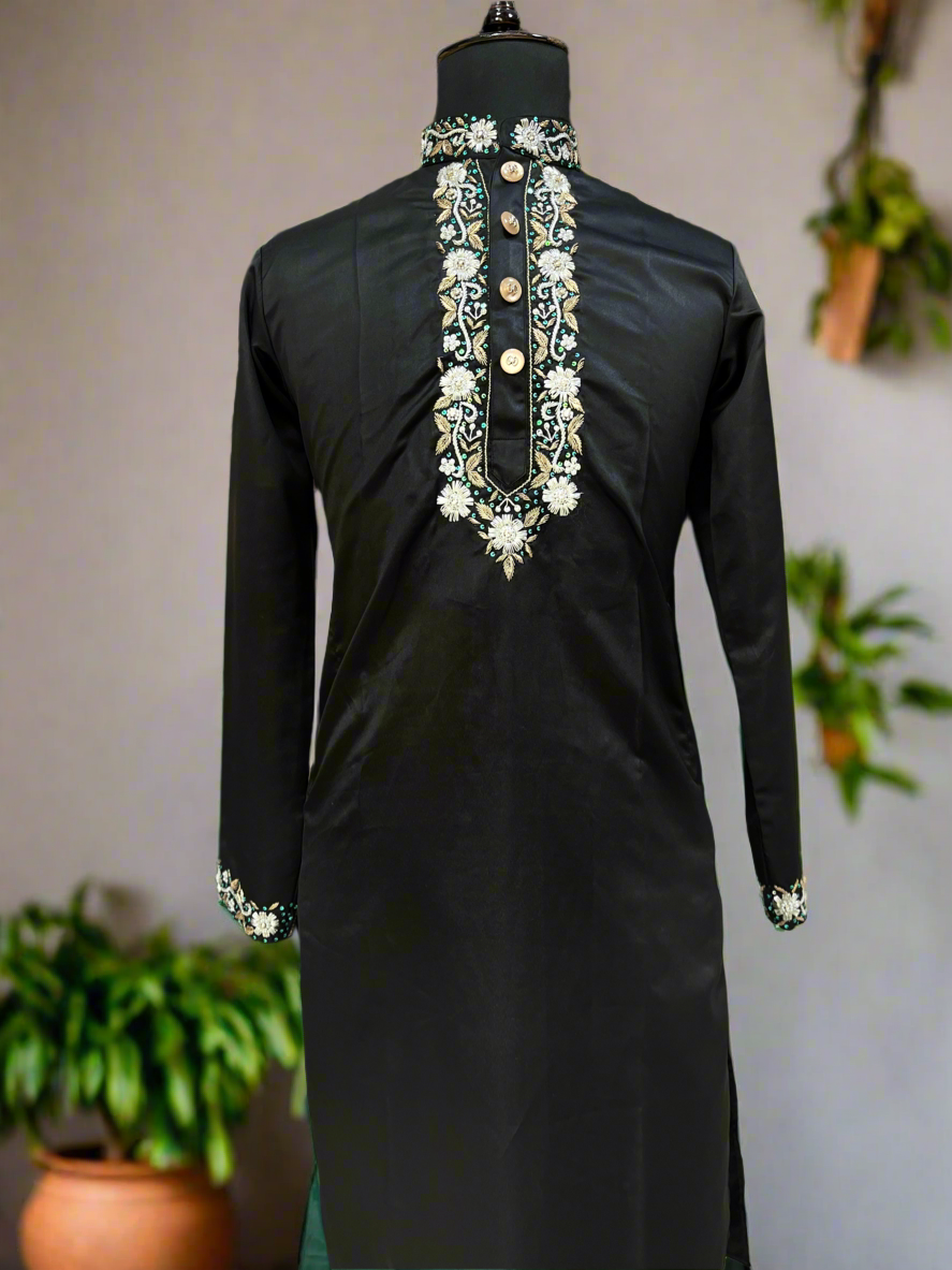 Luxury Zardozi embroidered satin kurta set by KPH Outfits.