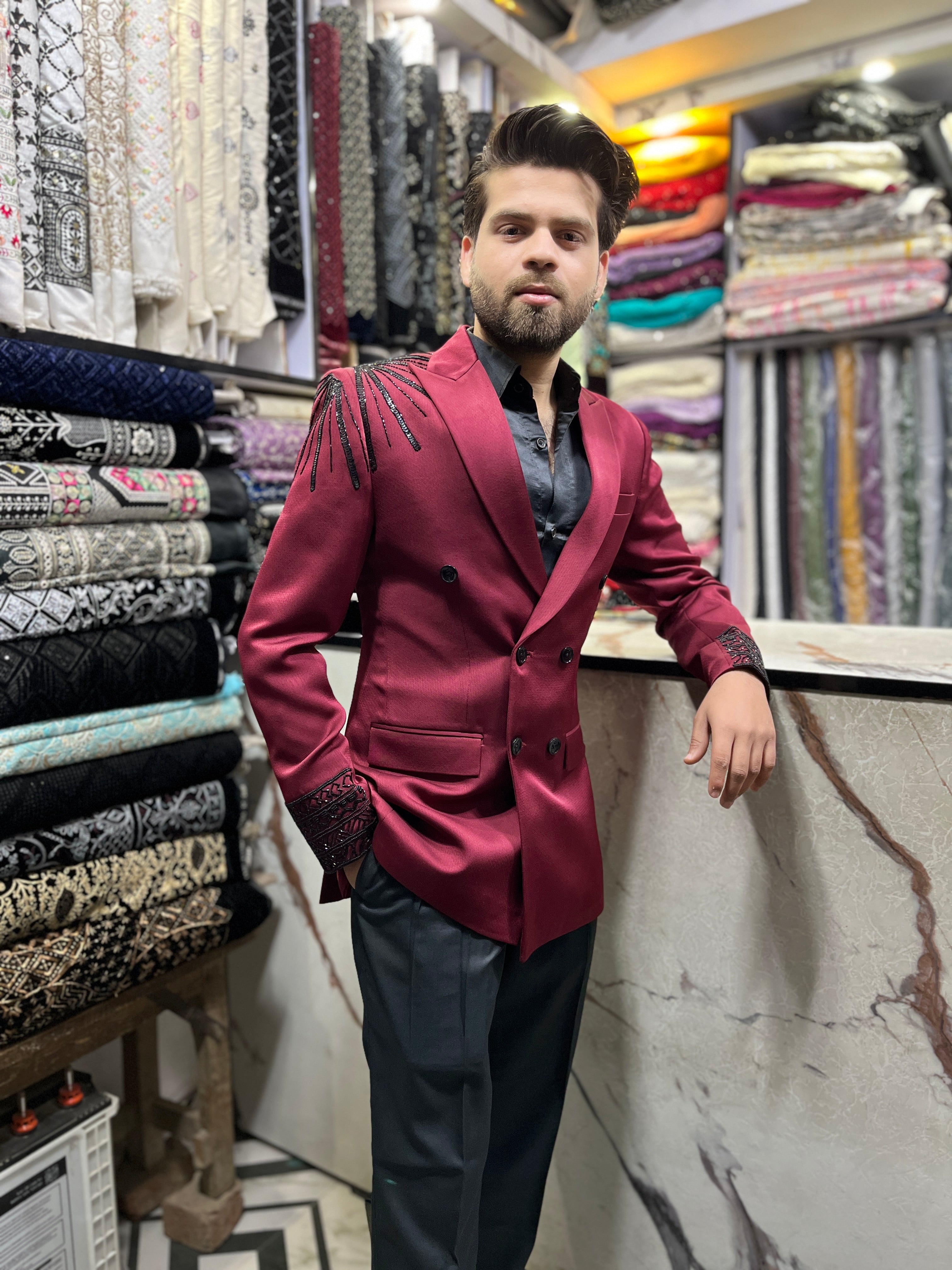 Men's Maroon Handcrafted Double Breast Tuxedo Suit