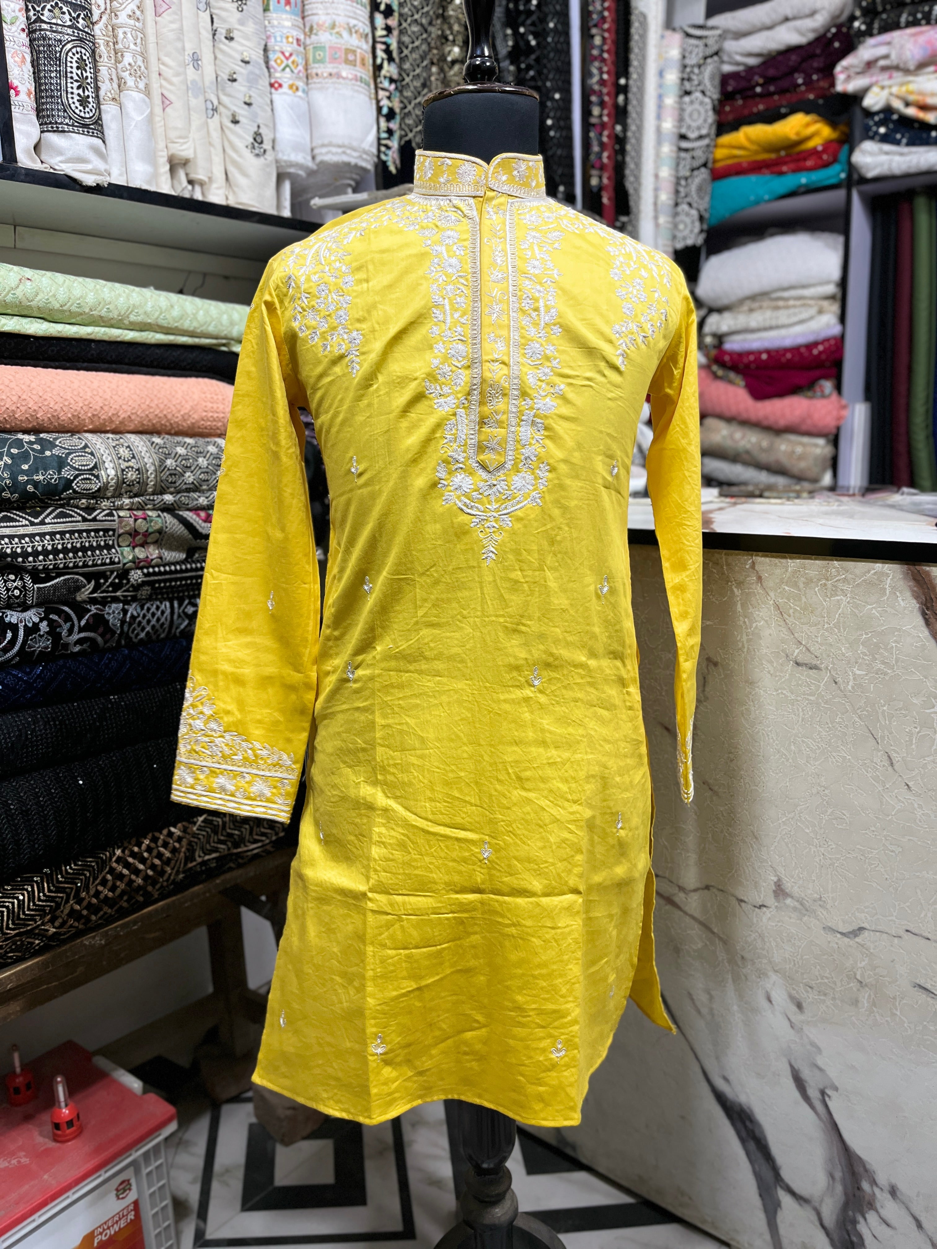 Men's Haldi Thread Embroidery Yellow Kurta Set