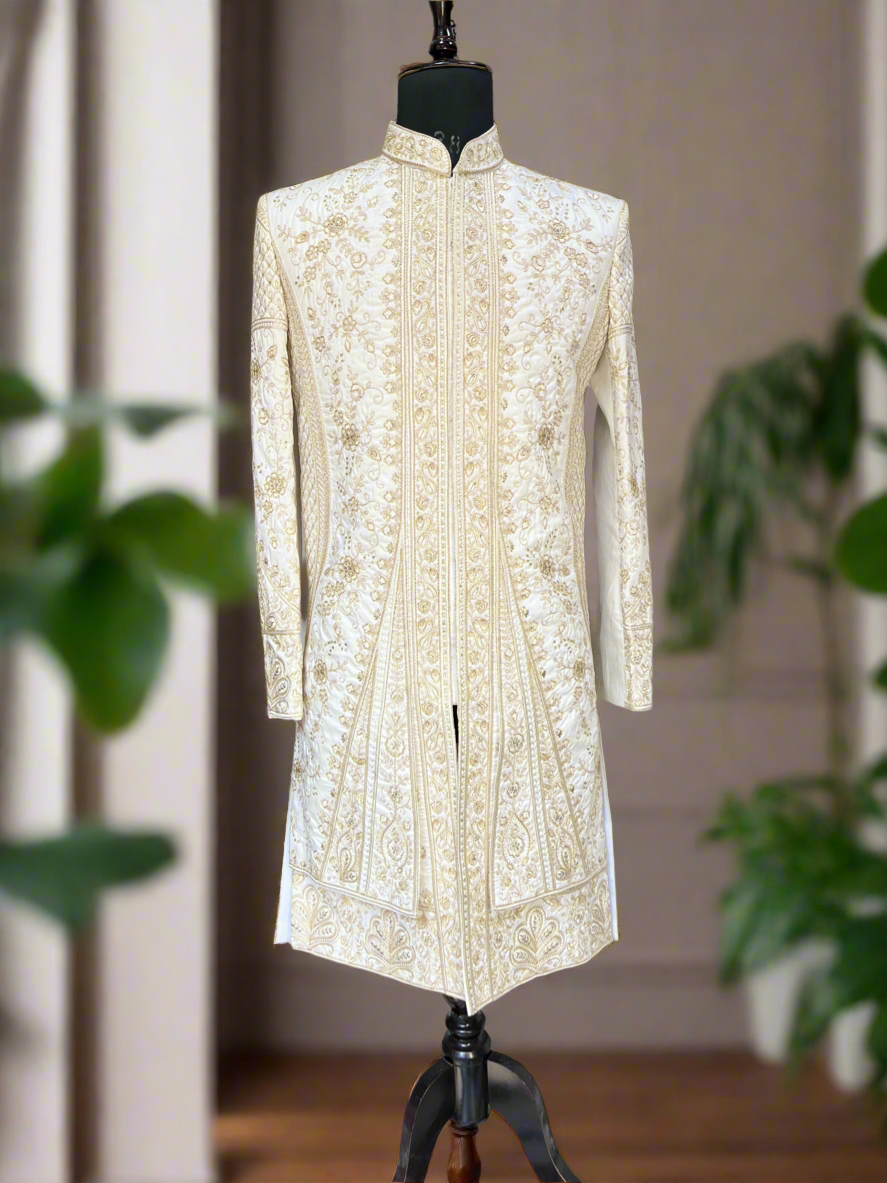 Men's Ivory Handcrafted Zardozi Work  Sherwani Set