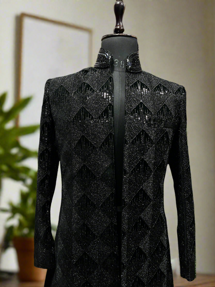 Men's Black Velvet Indo-Western Set with Gold Embroidery – Regal Groom Attire