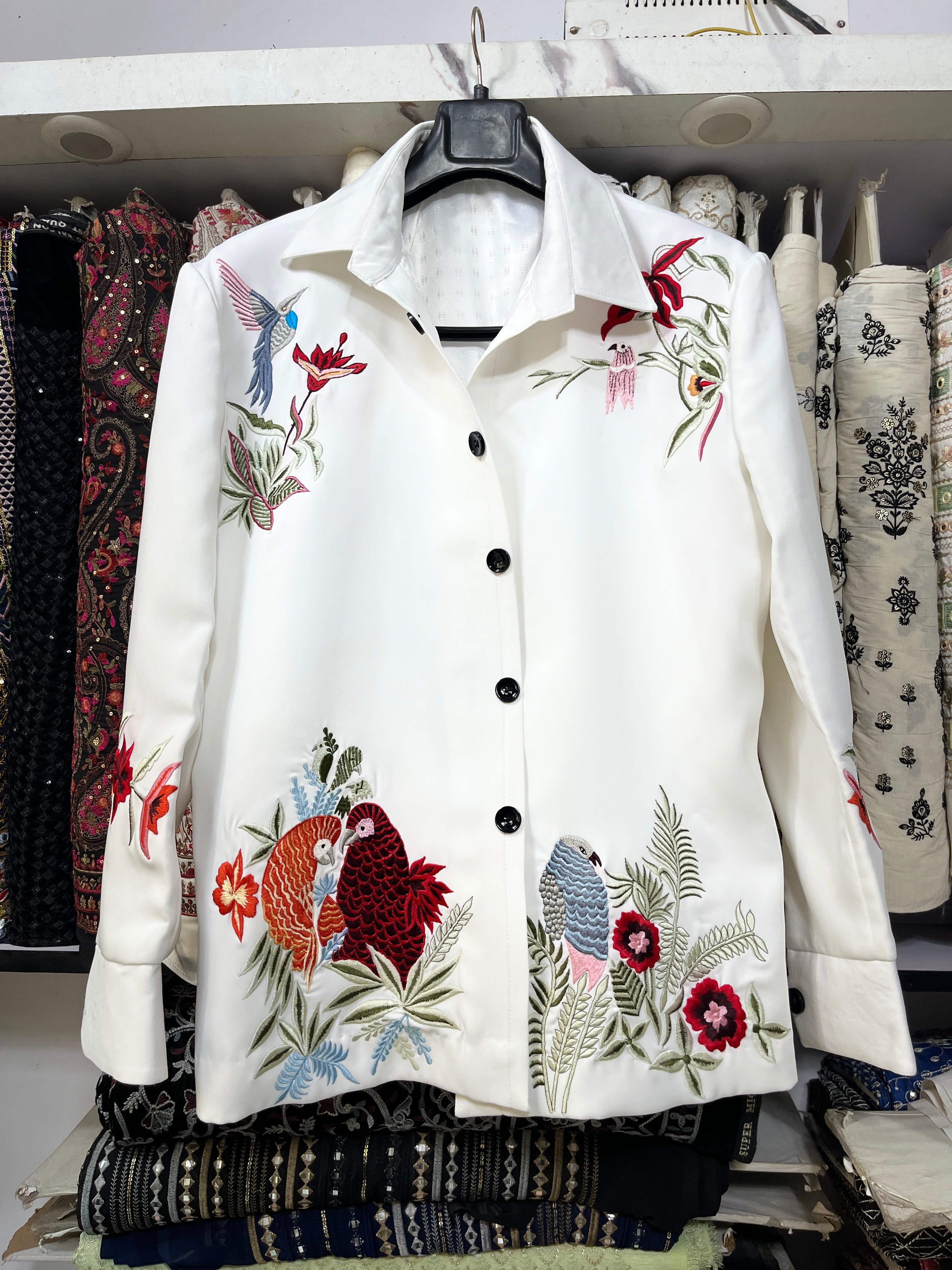 Men's White Multi Colour Birds Embroidery Shacket Set