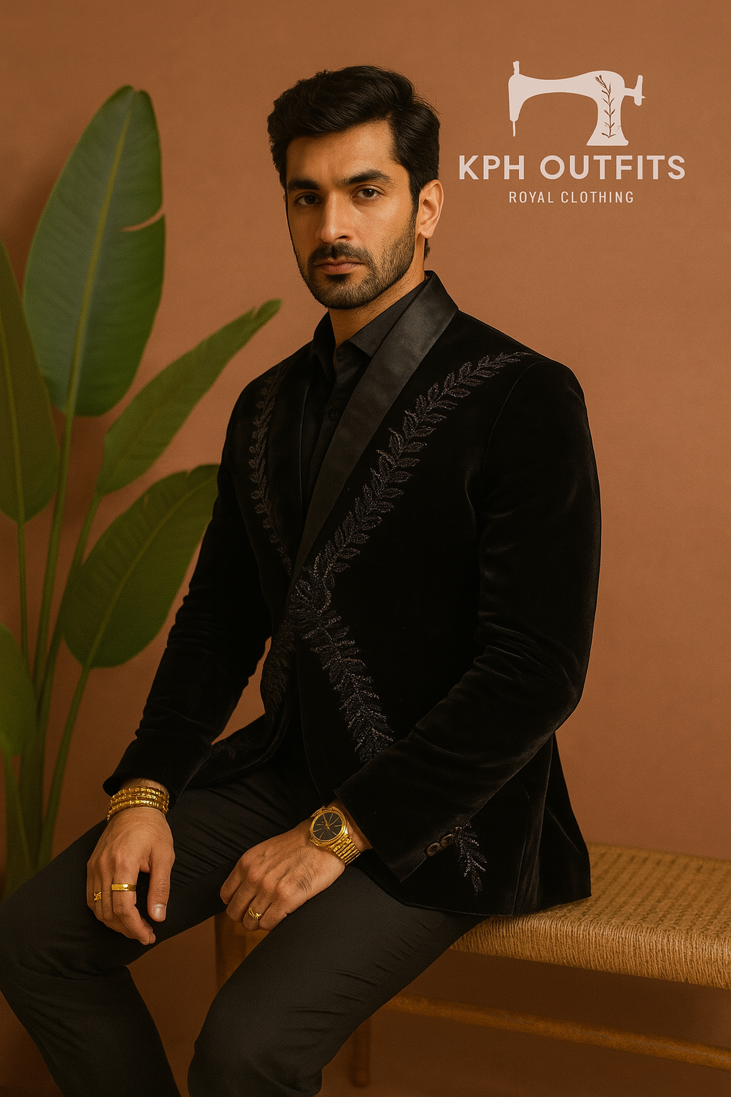 A photograph of a man in a stylish tuxedo, emphasizing the quality of the velvet fabric and the overall craftsmanship.

