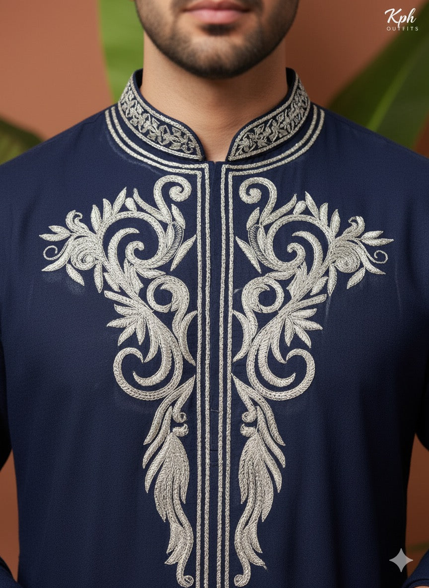 Designer navy blue kurta pajama set for weddings and festive wear