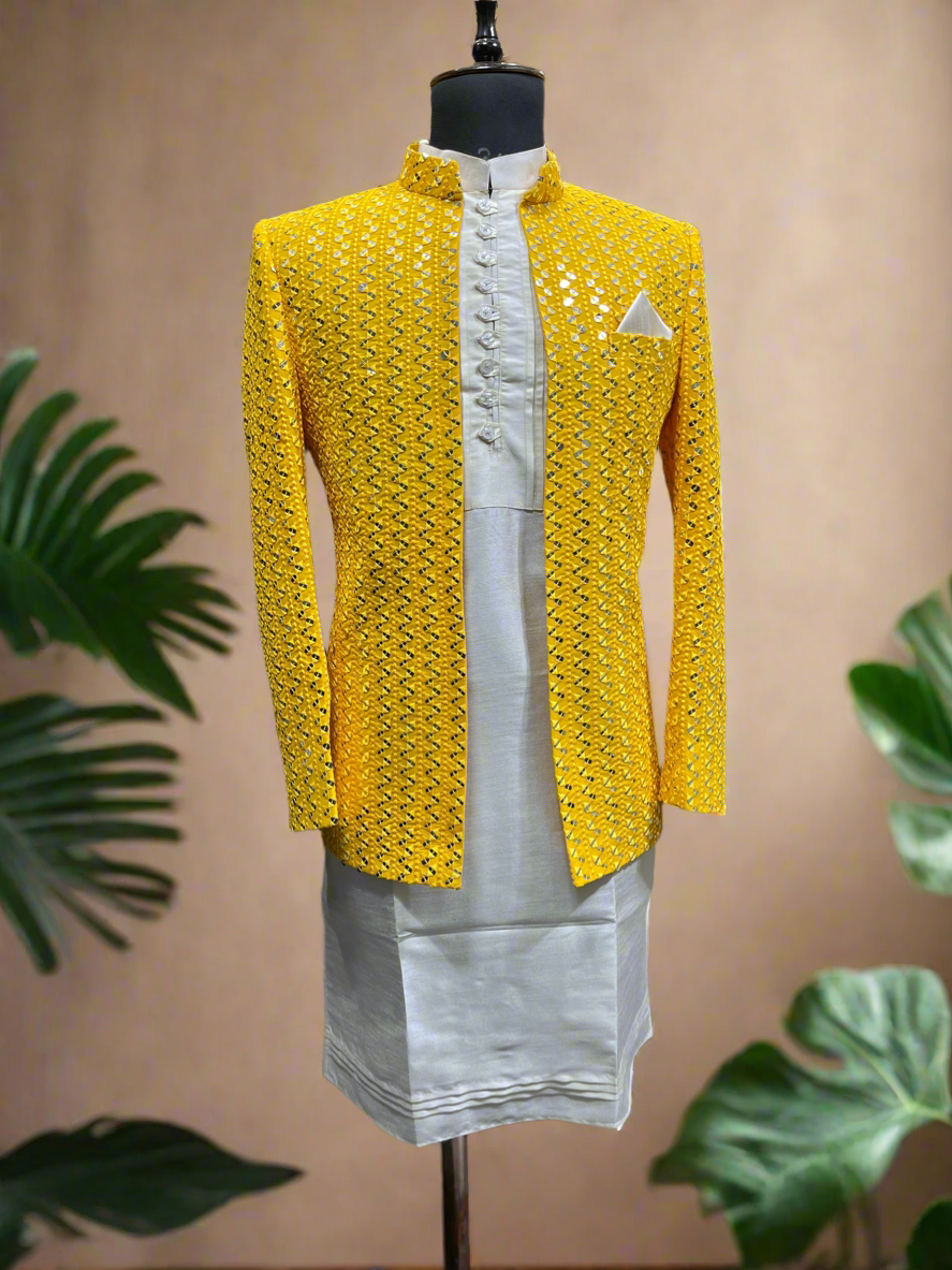 Men's Yellow Mirror Work Jodhpuri Set for Elegant Occasions - KPH Outfits