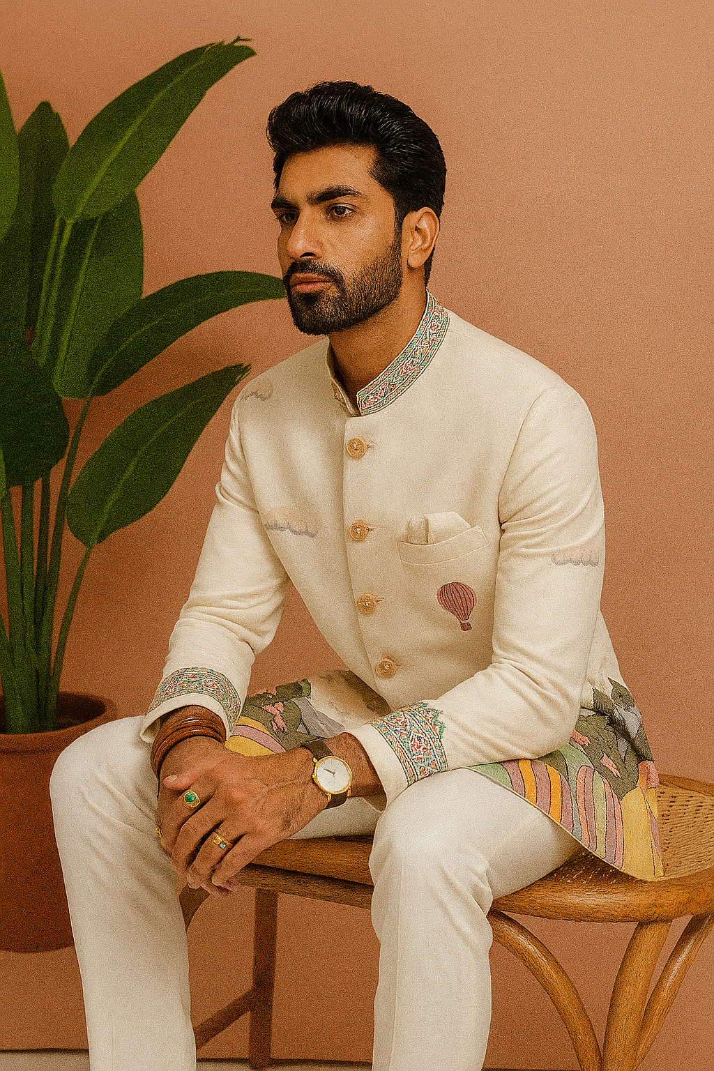 A man seated in a white Jodhpuri set with colorful thread embellishments, posing in a classic manner