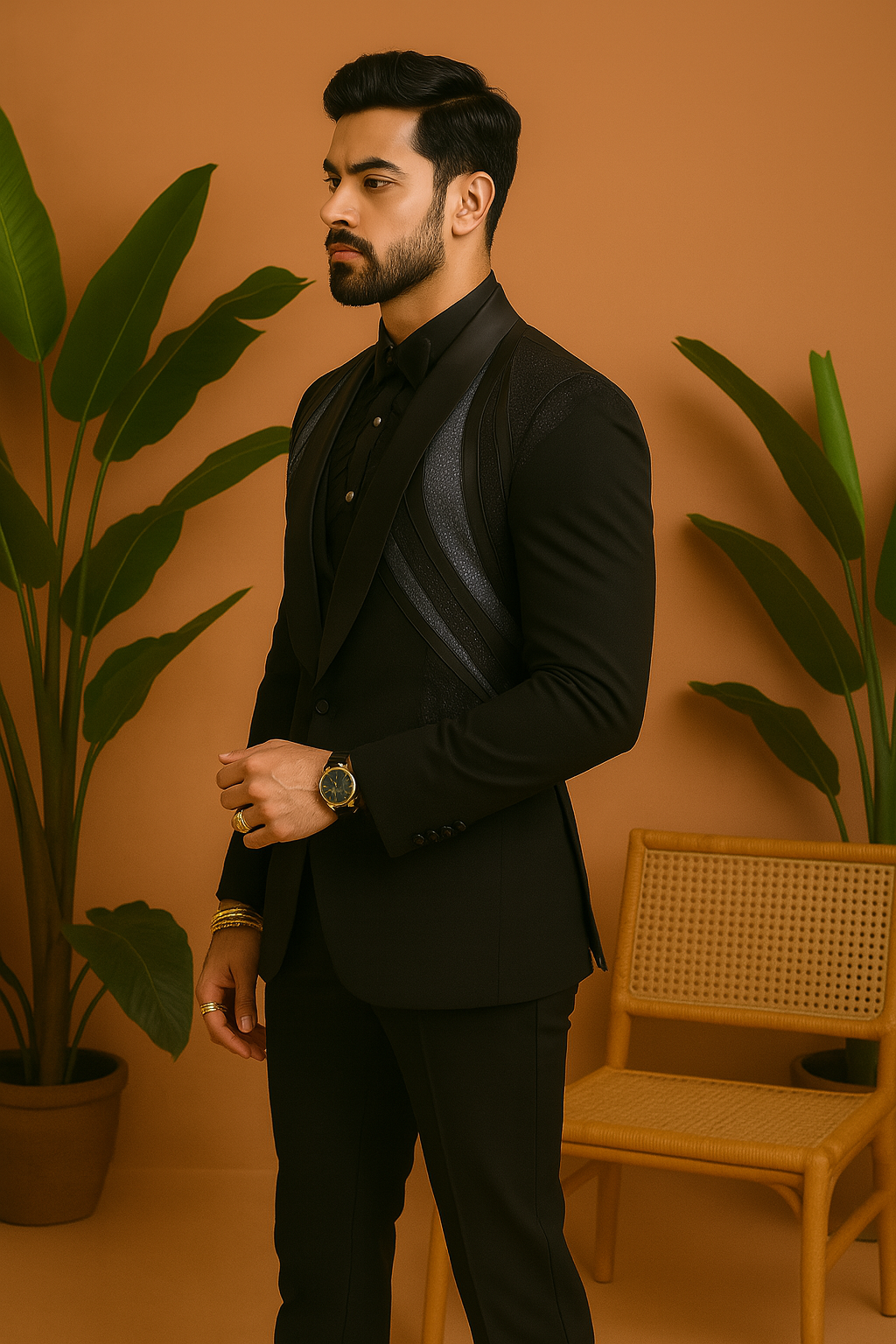 A man sitting in the black tuxedo, showcasing the fit and style from a relaxed position.

