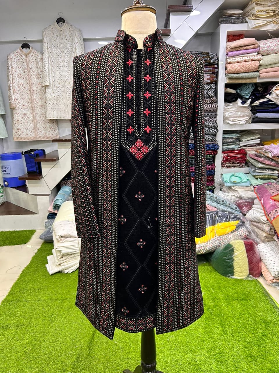 Men's Black With Multi Colour Thread Embroidery Open Indo-western Set