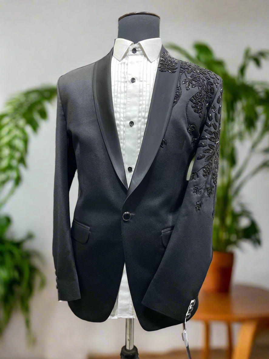 Men's Handcrafted Black Shawl Lapel Tuxedo in Donear Fabric - KPH OutFits