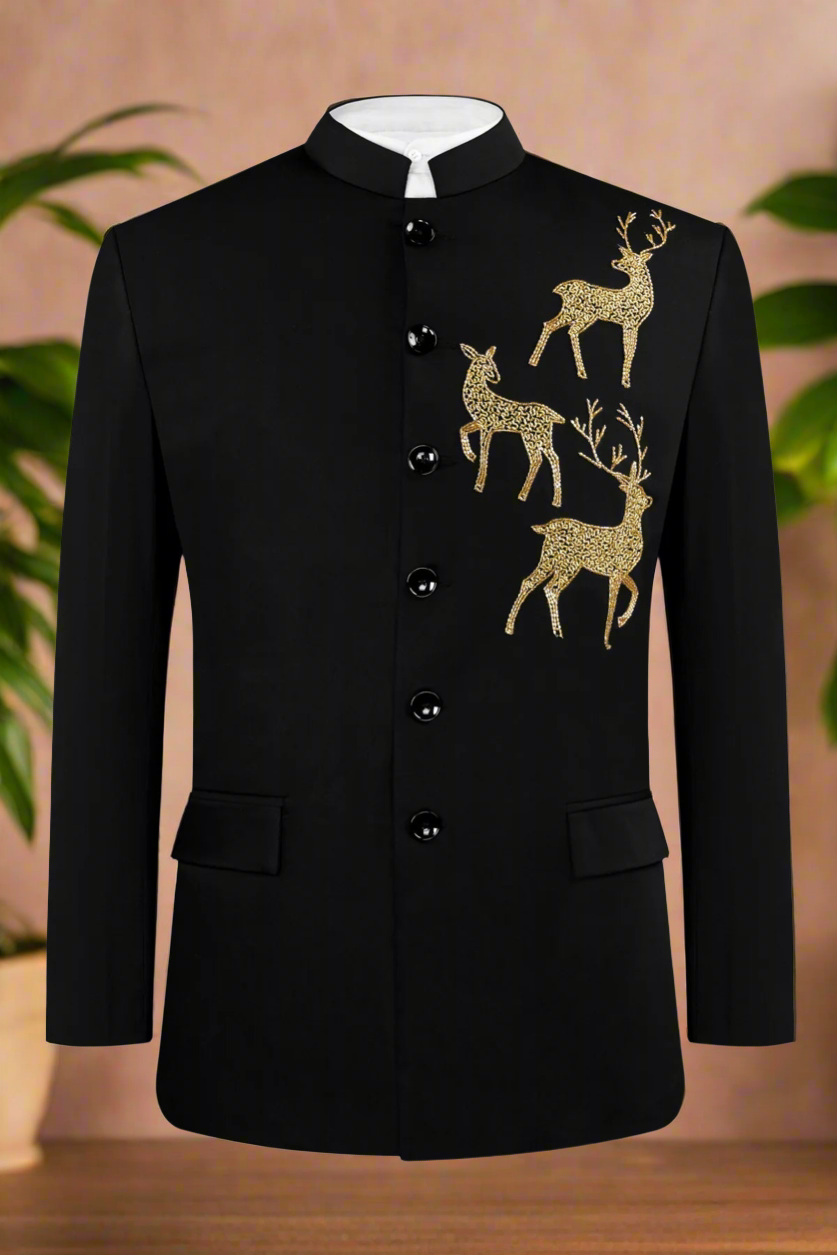 Front view of Men's Black Handcrafted Golden Work Bandhgala Suit - KPH Outfits