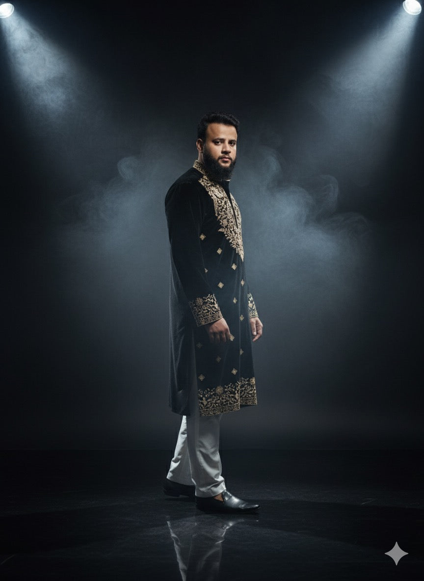 Handcrafted KPH Outfits velvet kurta with scattered gold motif detailing