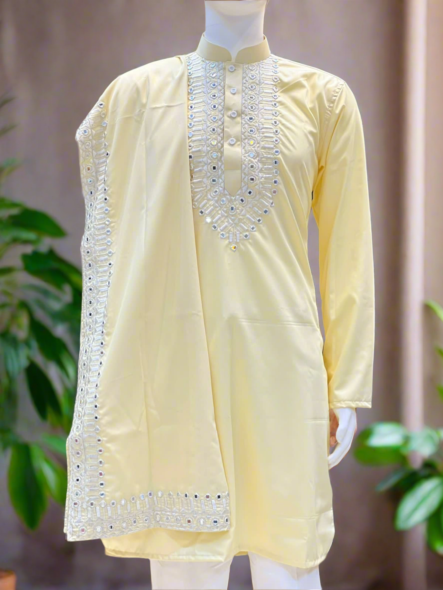 Elegant cotton silk kurta with modern zipper pants.