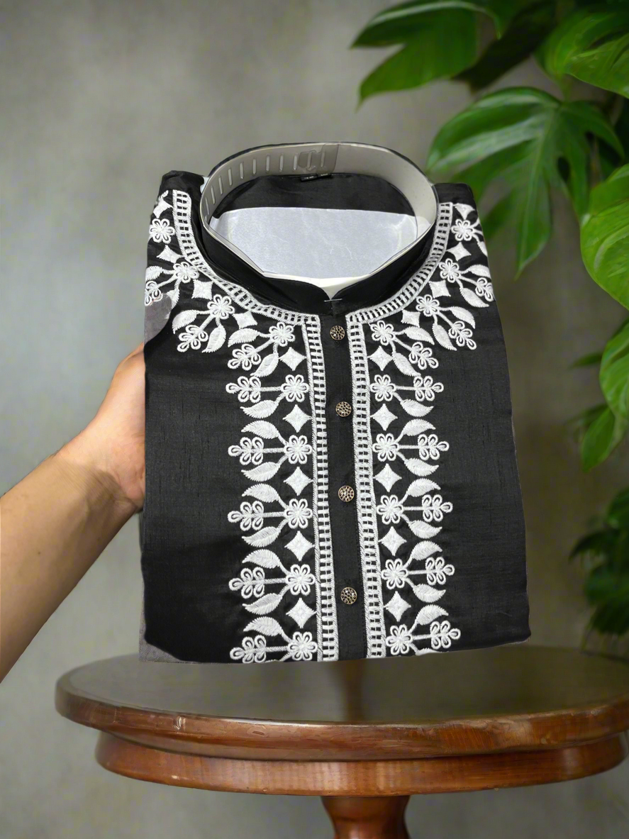 Elegant black kurta set for weddings and formal events.