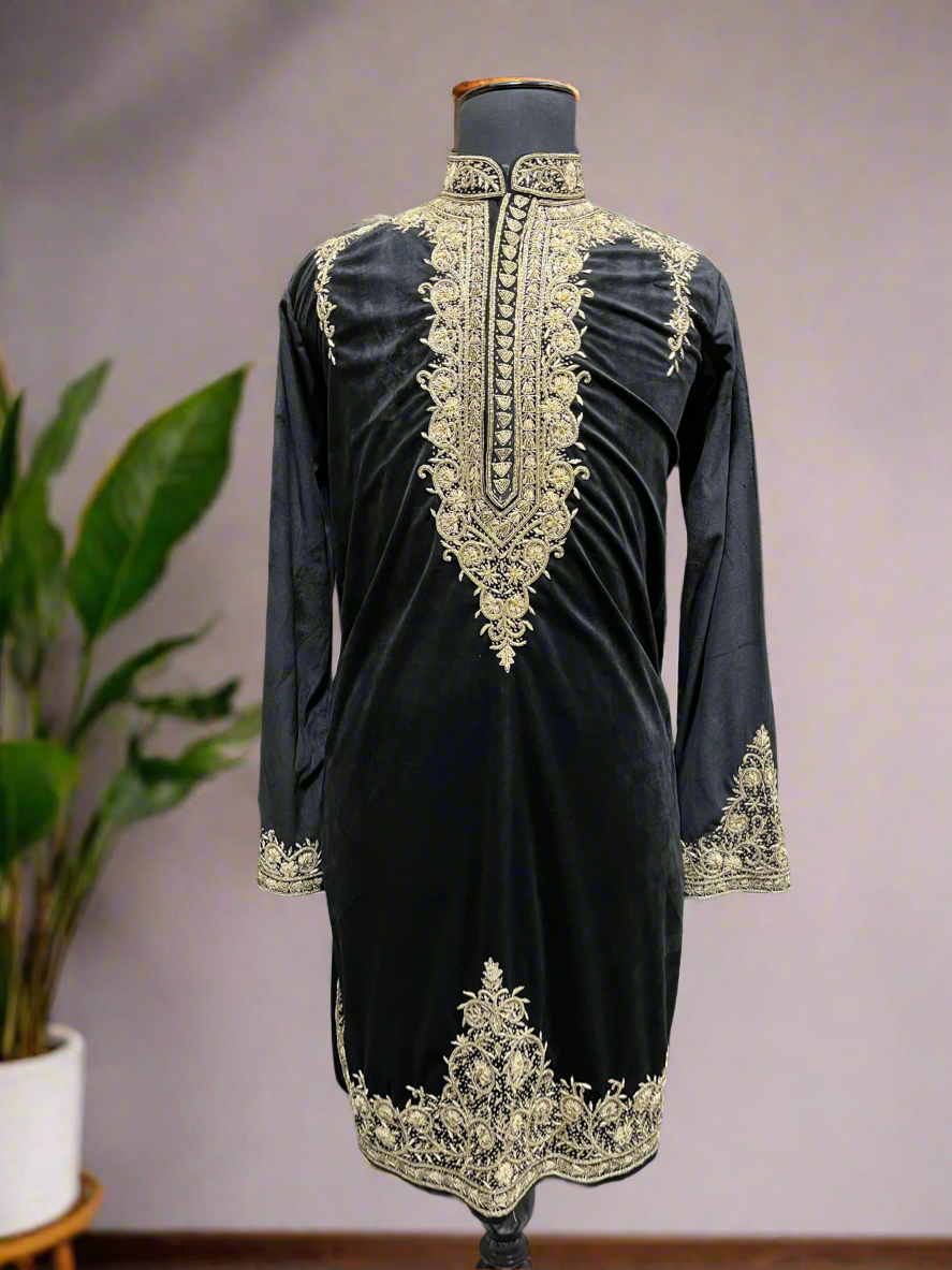 Luxurious handcrafted black velvet kurta by KPH Outfits.