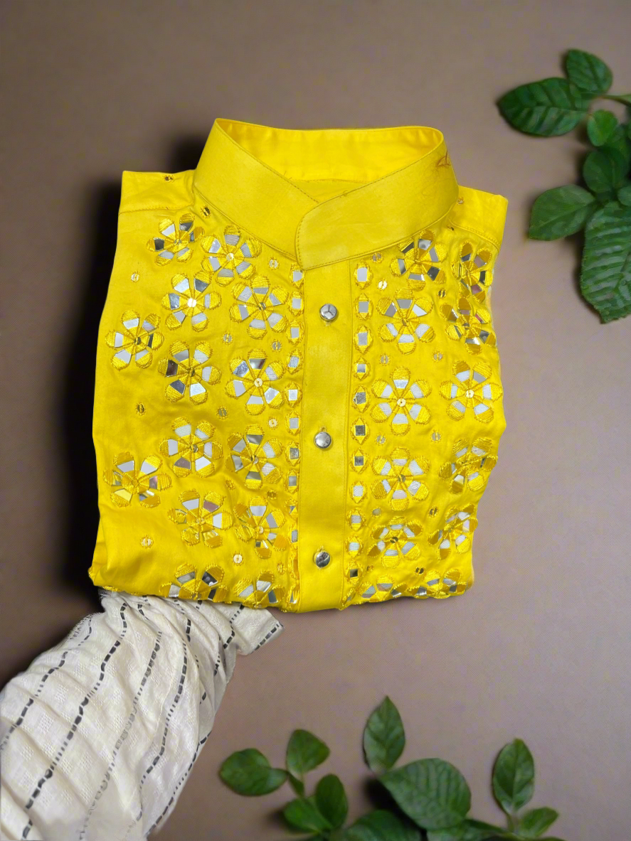 Festive Yellow Kurta Set for Men with Mirror Work by KPH Outfits